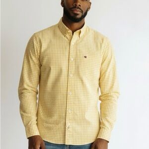 Tommy Hilfigure Men’s Long Sleeve Classic Fit Shirt Yellow And White Gingham M